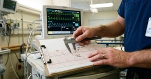 Healthcare provider measuring intervals on an EKG rhythm strip with calipers