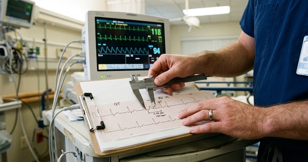 Healthcare provider measuring intervals on an EKG rhythm strip with calipers