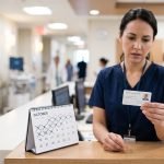 Healthcare provider reviewing an ACLS certification card expiration date on a hospital unit