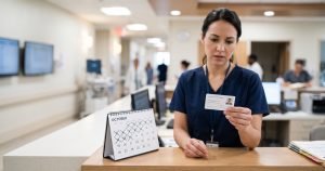 Healthcare provider reviewing an ACLS certification card expiration date on a hospital unit